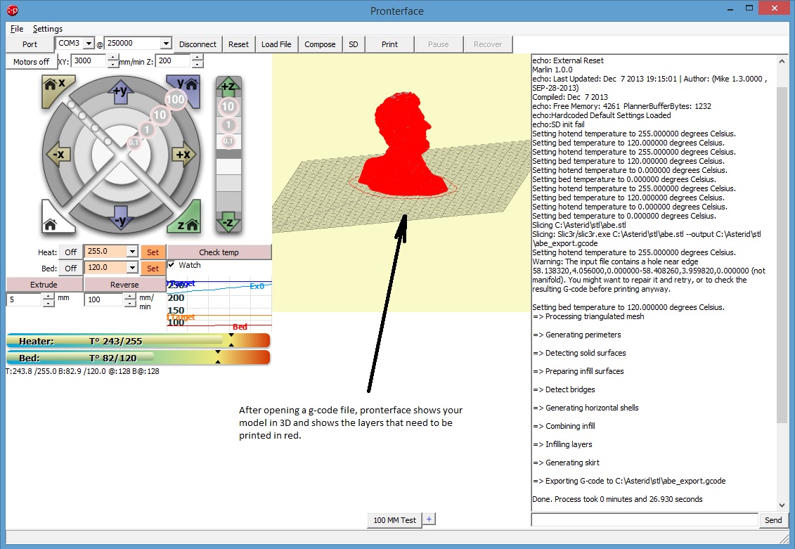 Pronterface after loading a sliced 3D model showing a 3D pictorial