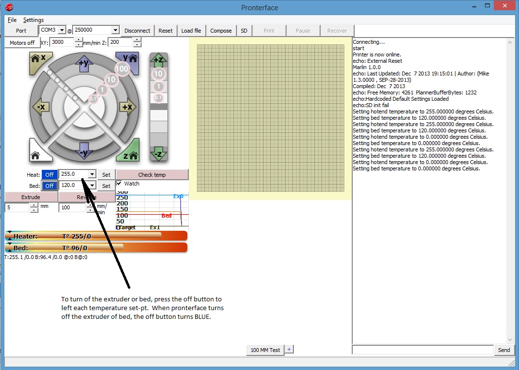 Pronterface extruder and bed off buttons
