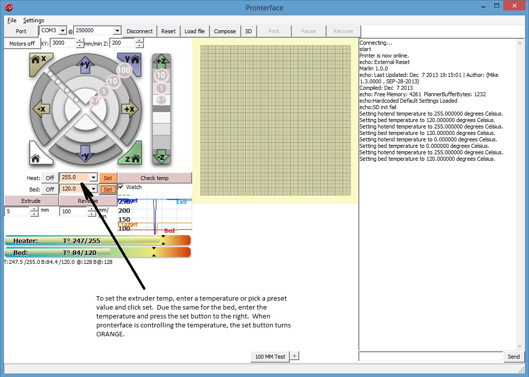 Pronterface extruder and bed temperature settings