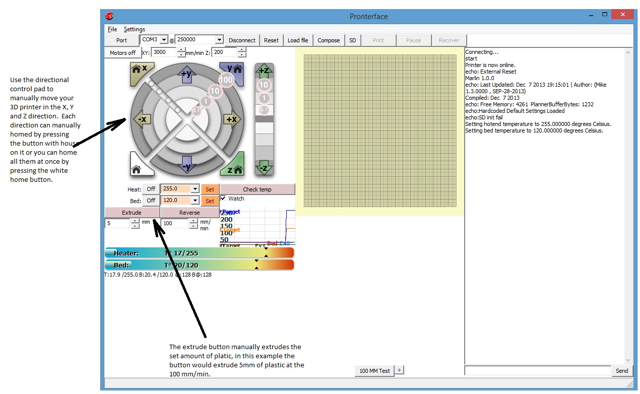 Pronterface 3D printer manual controls