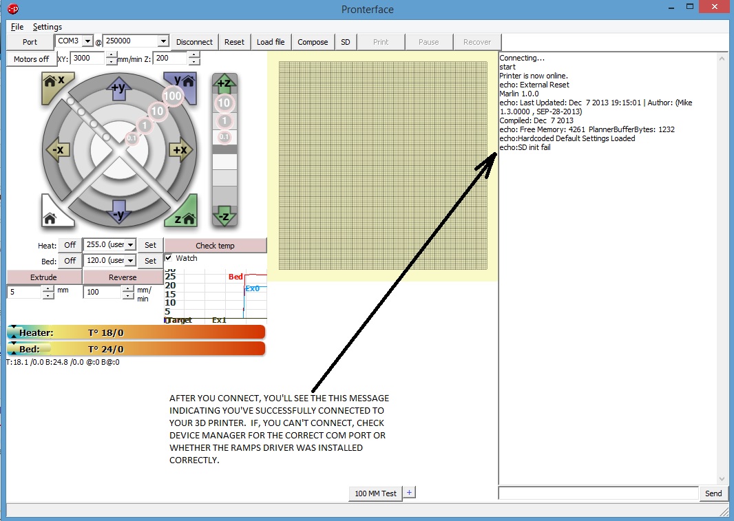 Pronterface interface after connecting your 3D printer