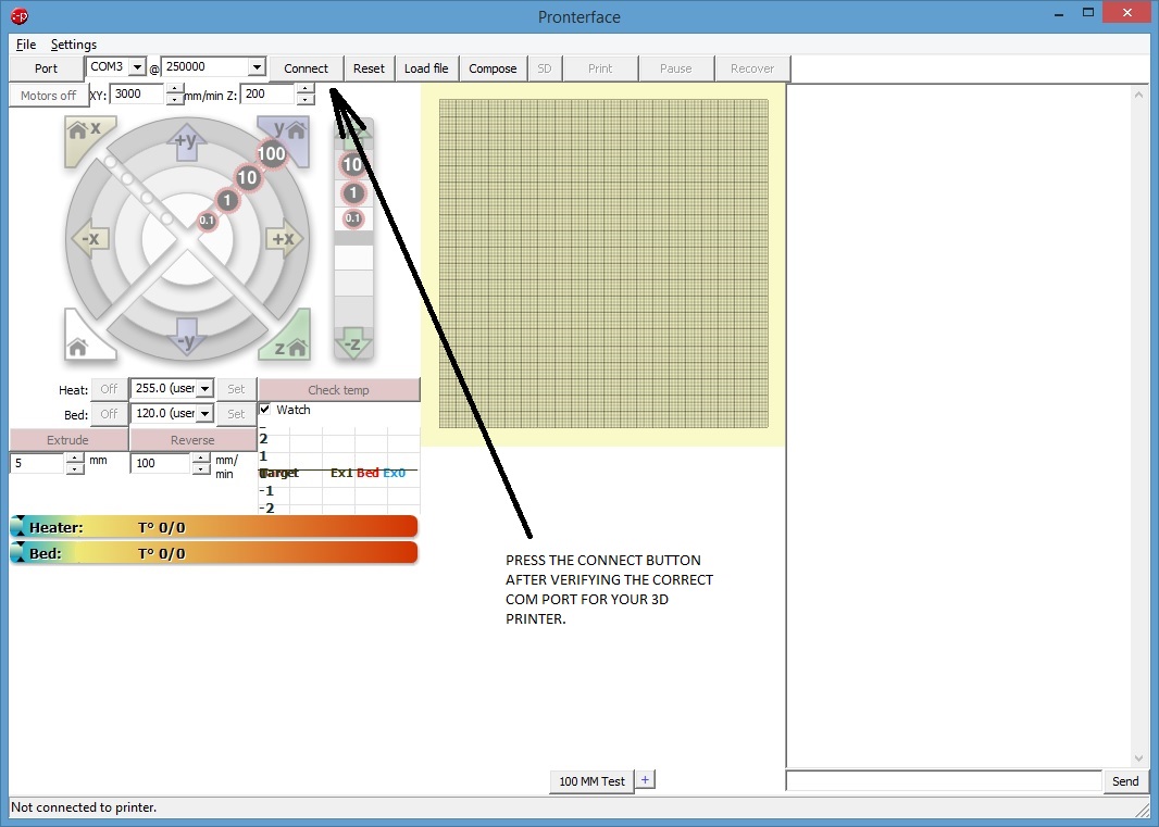 Pronterface interface before connecting 3D printer