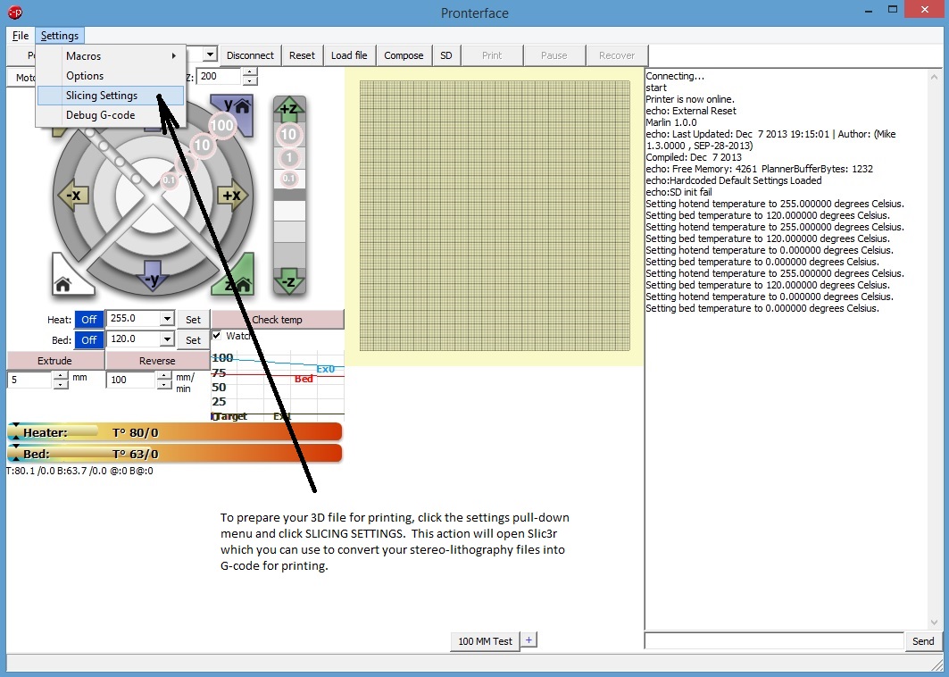 Pronterface slic3r or slicing settings button