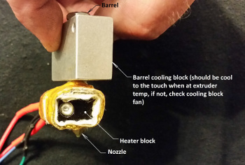 3D printer hot-end close-up with descriptions